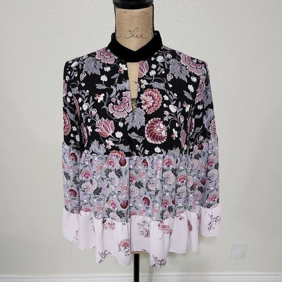 LOFT bell sleeve floral‎ choker neckline cottage blouse size XS - Picture 1 of 6